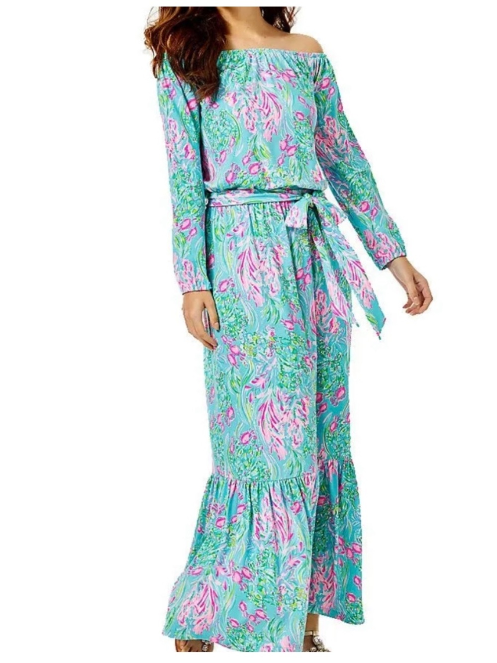 Lilly Pulitzer Odella Maxi Dress | XS | Off-the-Shoulder | Ocean Print | - Picture 3 of 7